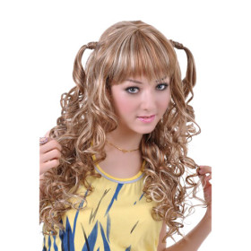 Heat Resistant  Brown Neat Bang Curly Wigs