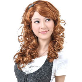 Heat Resistant Golden Brown Inclined Bang Curly Wigs