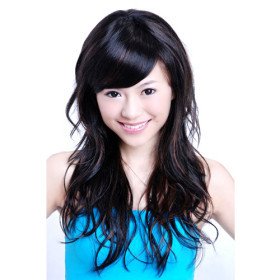 Feather & Flirty Black Inclined Bang Curly Wigs