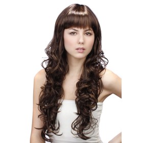 Coffee Neat Bang Heat Resistant Curly Wigs