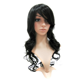 European Wave Black Inclined Bang Curly Wigs