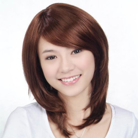 Golden Brown Straight Inclined Bang Medium Wigs