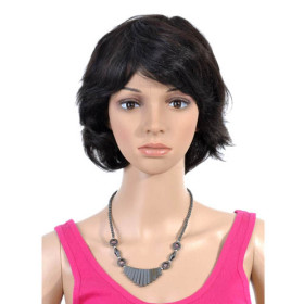 Heat Resistant Black Inclined Bang Human Hair Wigs